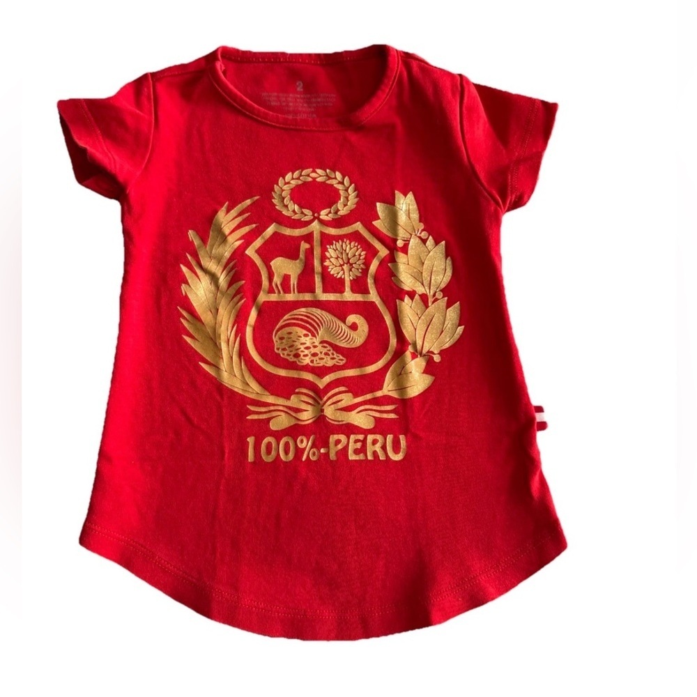 Peruvian T-Shirt Top Girls Toddler Size 2 Red Coat of arms of Peru Emblem Cotton